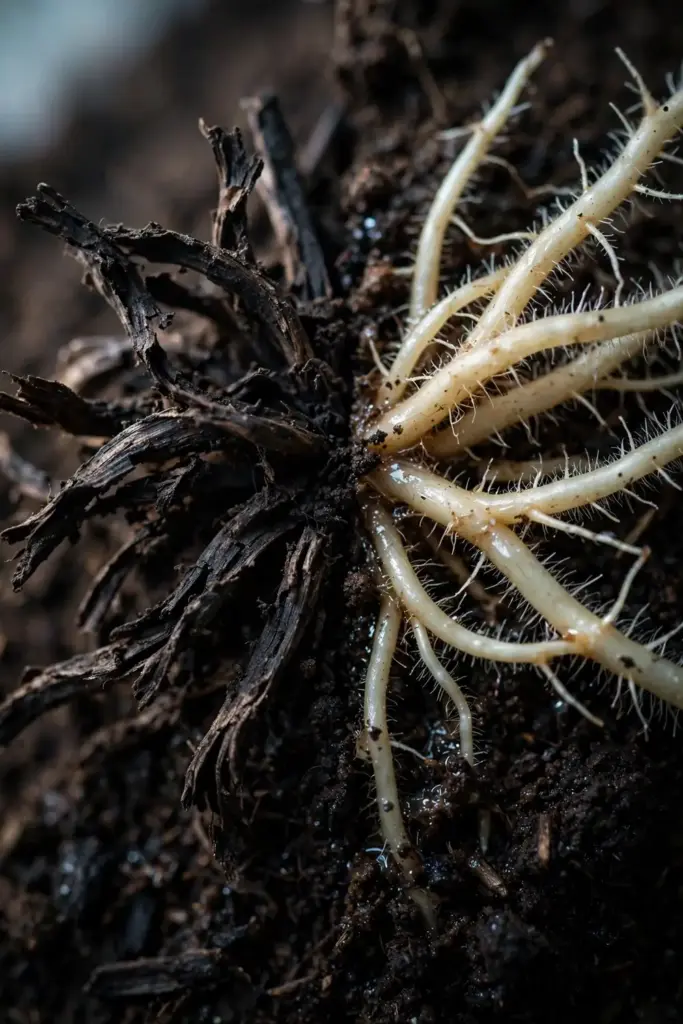Macro of black brittle Phytophthora-infected roots beside pale healthy roots