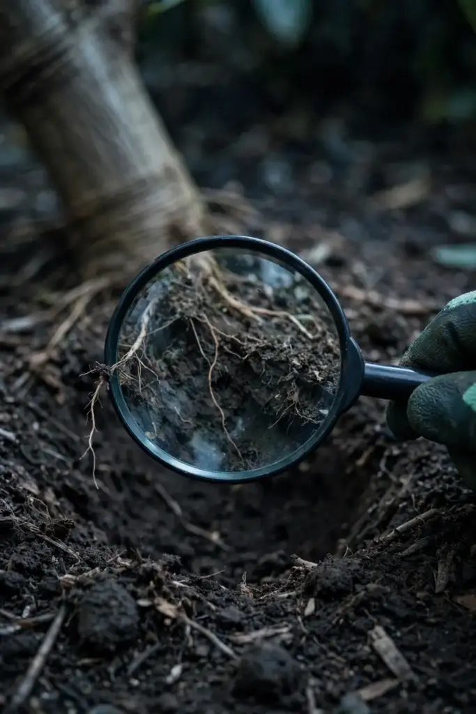 Magnifying glass over a dug soil pit exposing avocado roots