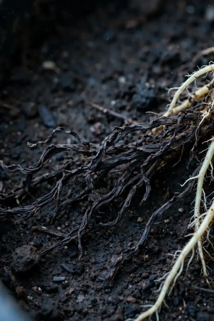 Close-up of blackened rotted avocado feeder roots in soil