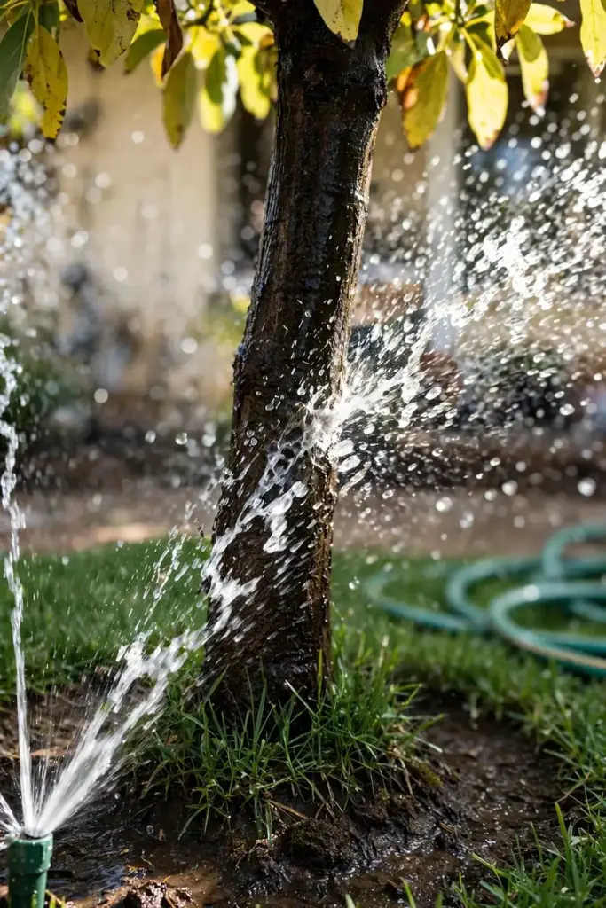 Lawn sprinkler spraying water directly onto an avocado trunk