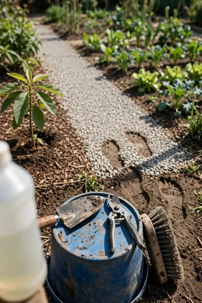 Garden tools being cleaned with a boot brush at the garden edge