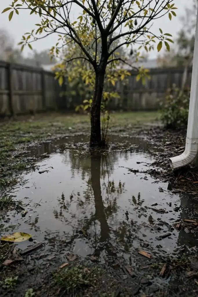 Puddle of standing water around the base of an avocado tree