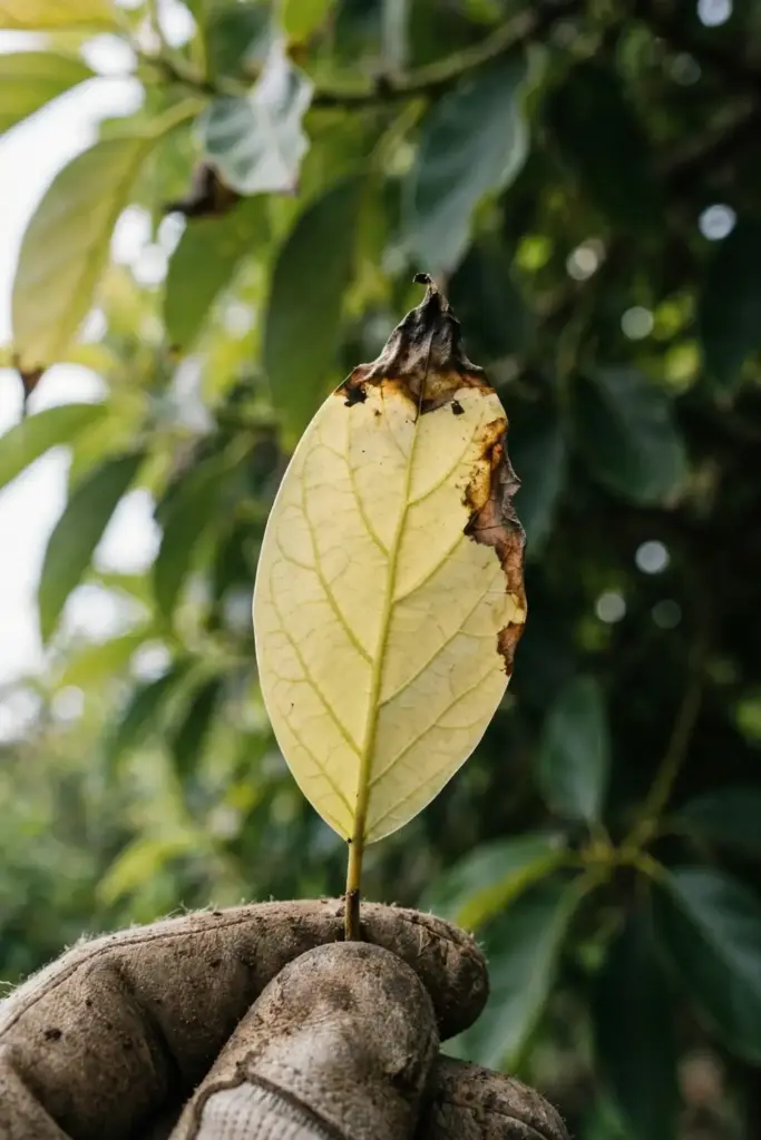 Gloved hand holding a yellowing avocado leaf with brown necrotic tip