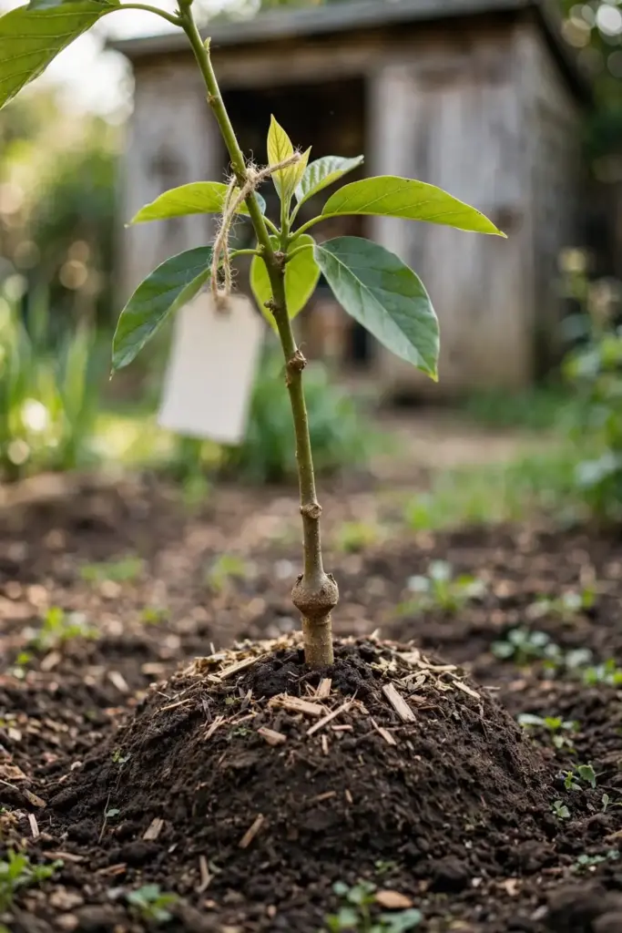 Young grafted avocado tree with nursery tag planted on a mound