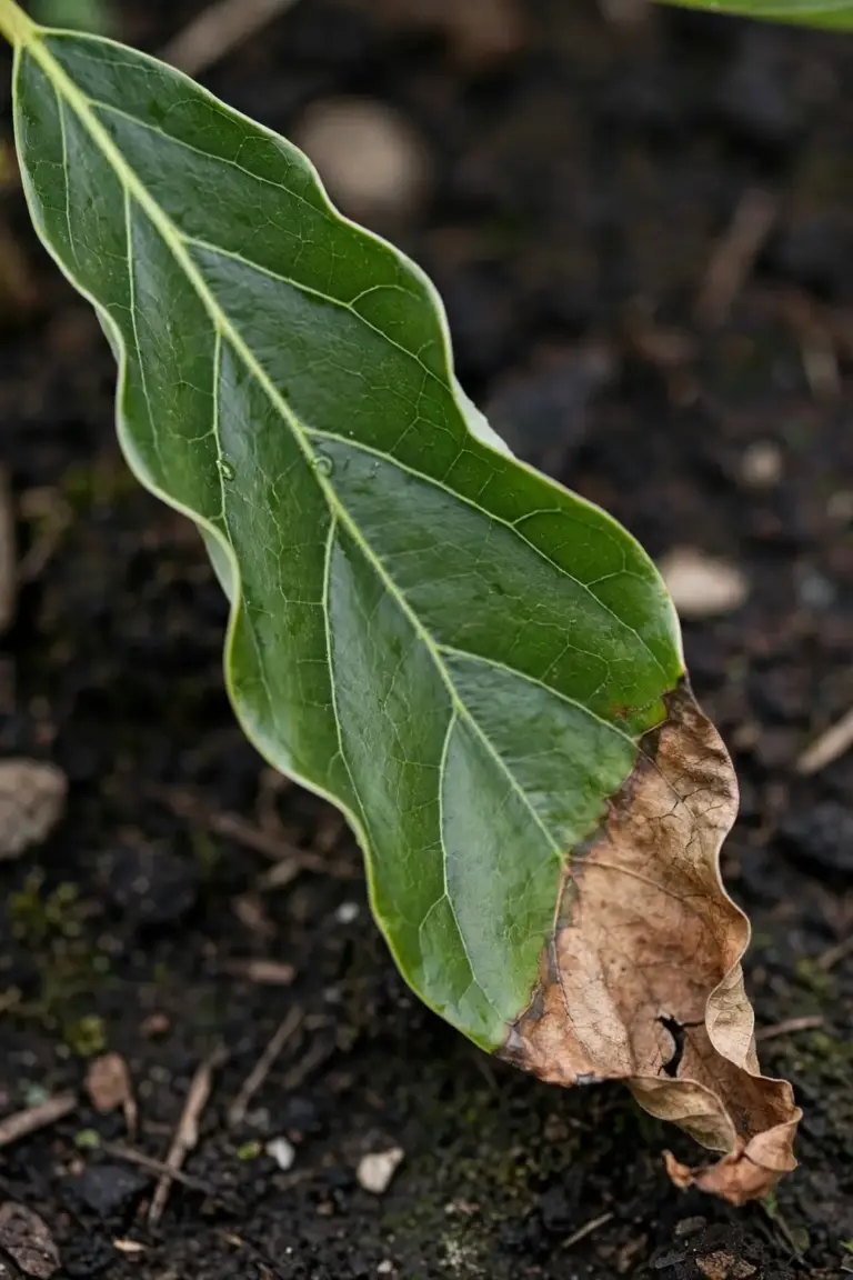 Avocado leaf with brown crispy tip and a sharp line to green tissue