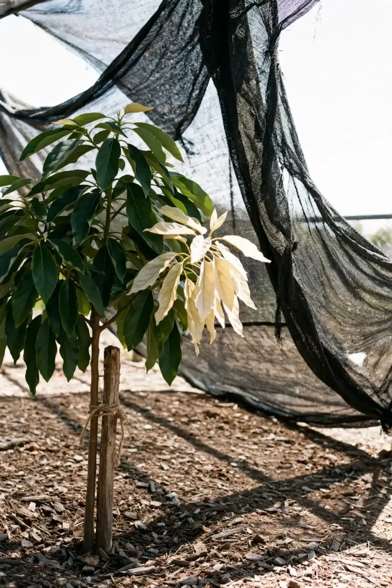 Young avocado tree under shade cloth with bleached sun-facing leaves