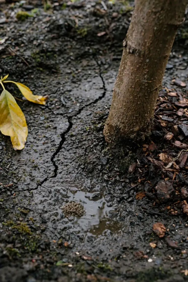 Wet soil around an avocado trunk with a shallow puddle and yellowing lower leaves