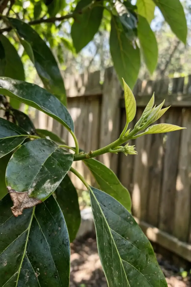 Healthy avocado branch with green new growth checked a week after treatment