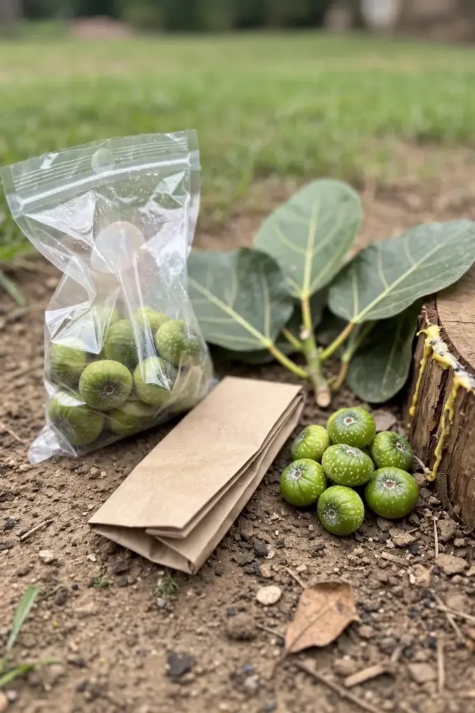 Sealed bag of awar-awar figs beside a cut branch on bare ground