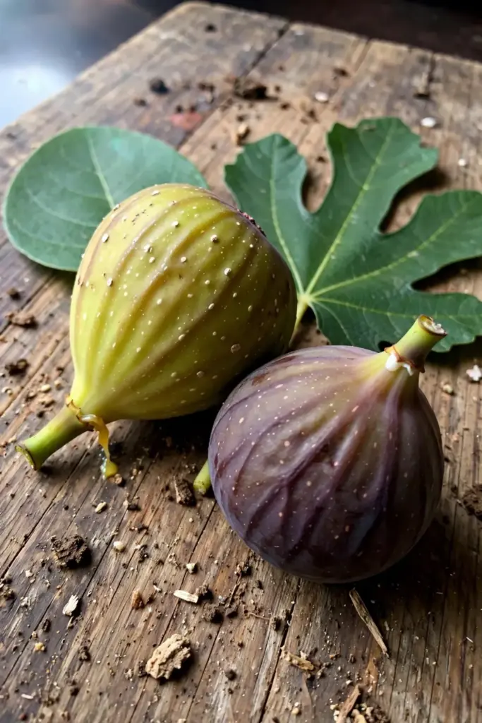 Ribbed greenish awar-awar fig beside a soft purple-brown common fig on a timber board