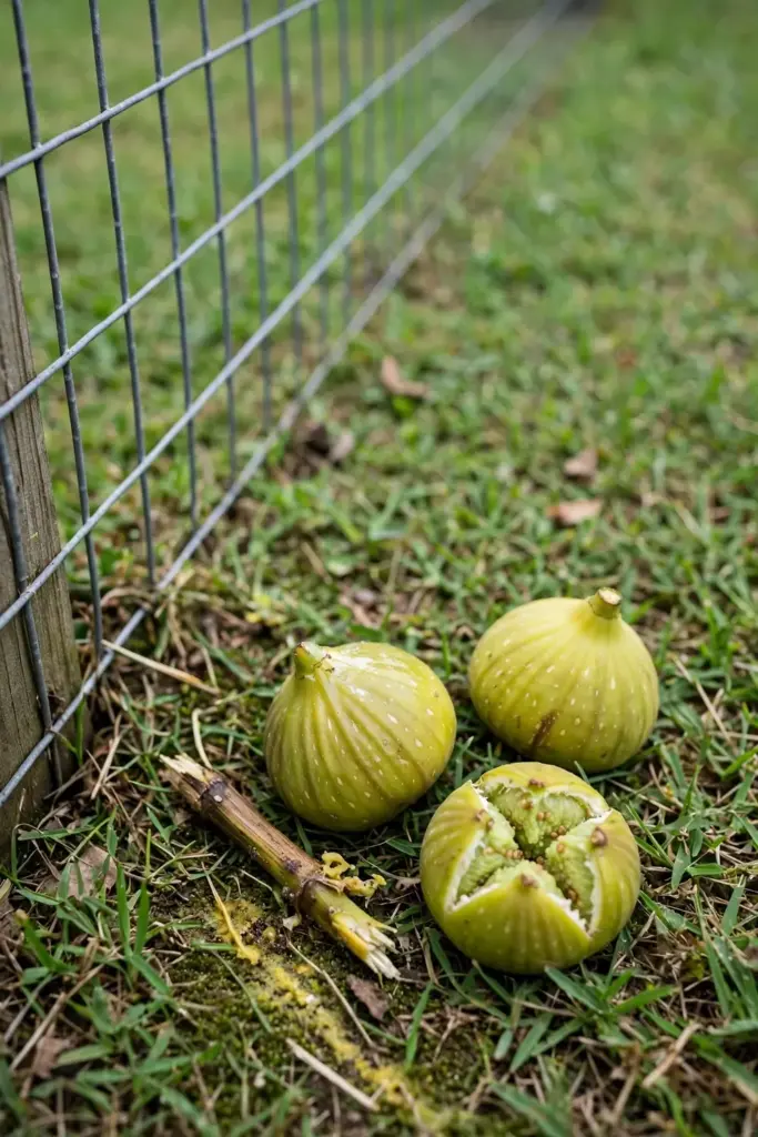 Fallen awar-awar figs on grass beside a plain wire fence