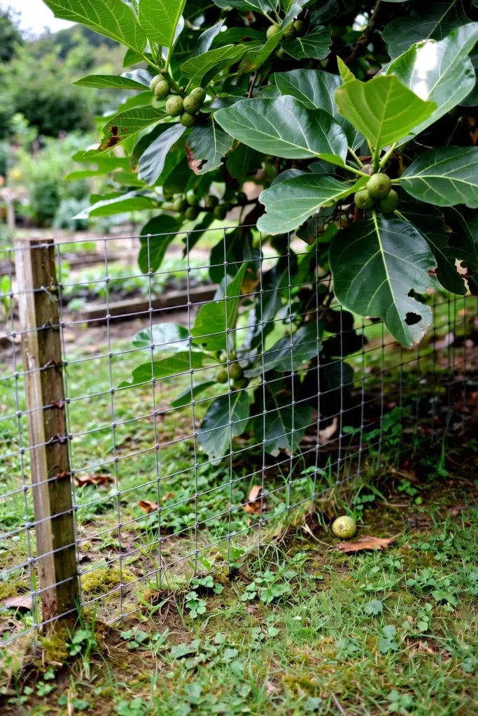 Awar-awar tree standing behind a plain wire fence with short grass in front