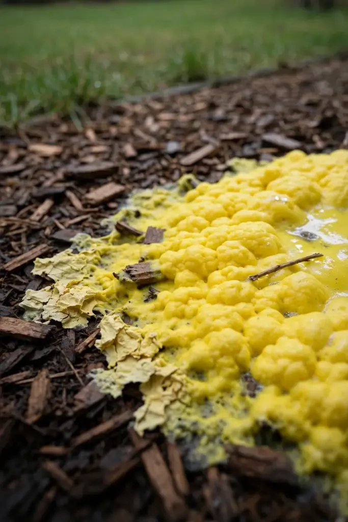 Yellow foamy Fuligo septica slime mold spreading over wood chip mulch