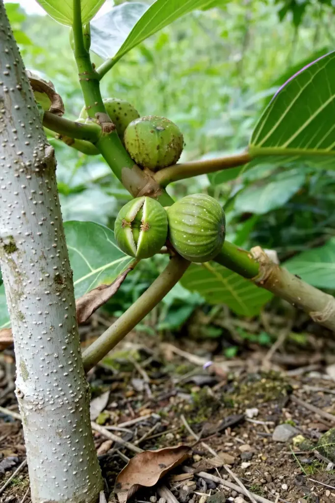 Awar-awar tree showing pale bark, large elliptic leaves, and paired figs in leaf axils