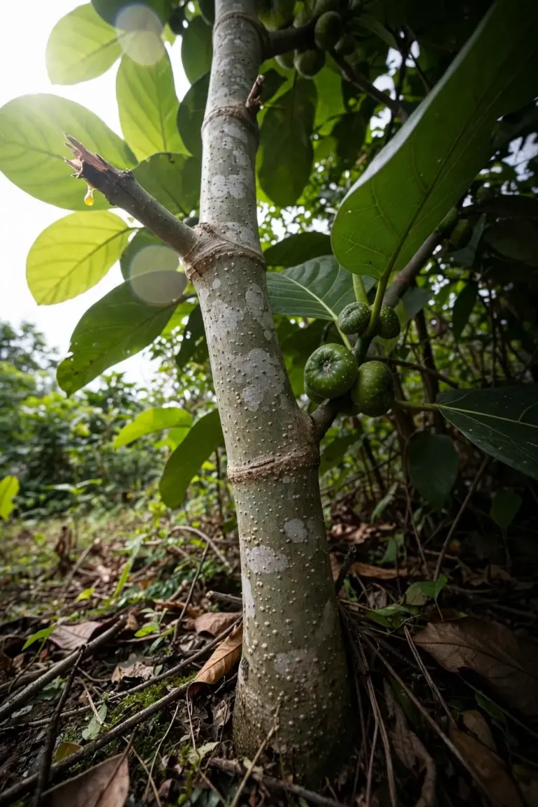 Awar-awar tree with large elliptic leaves and greenish figs at a tropical forest edge