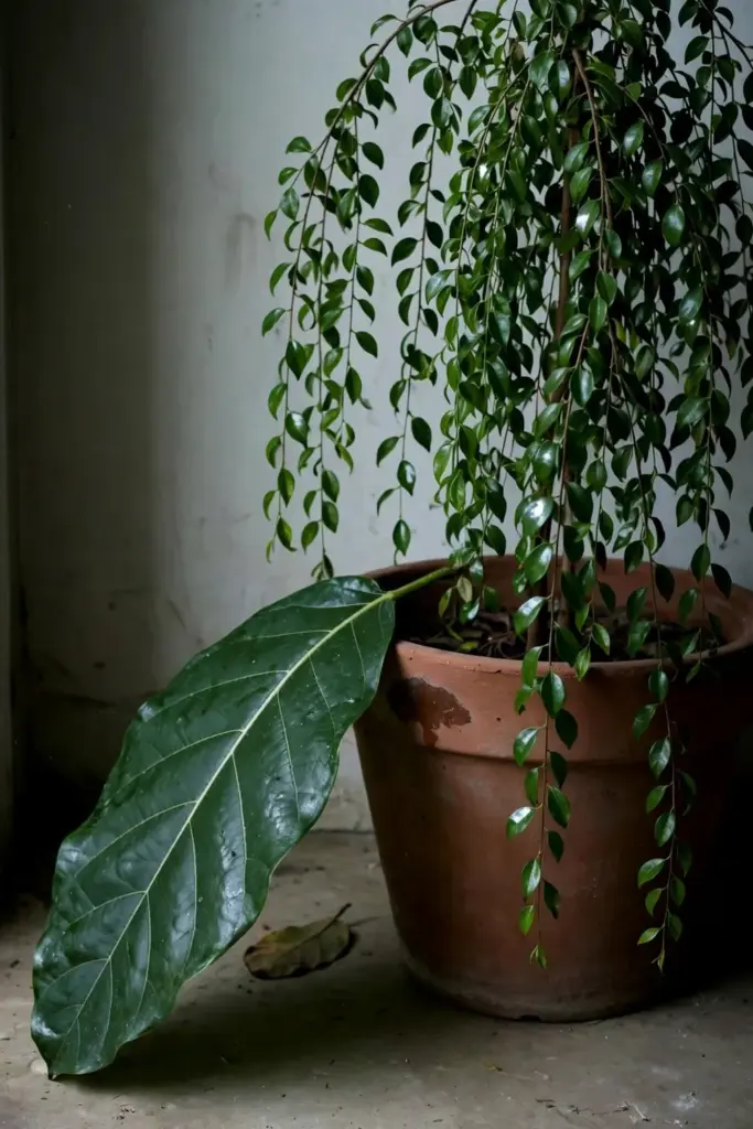 Potted weeping fig with small drooping leaves beside one large awar-awar leaf