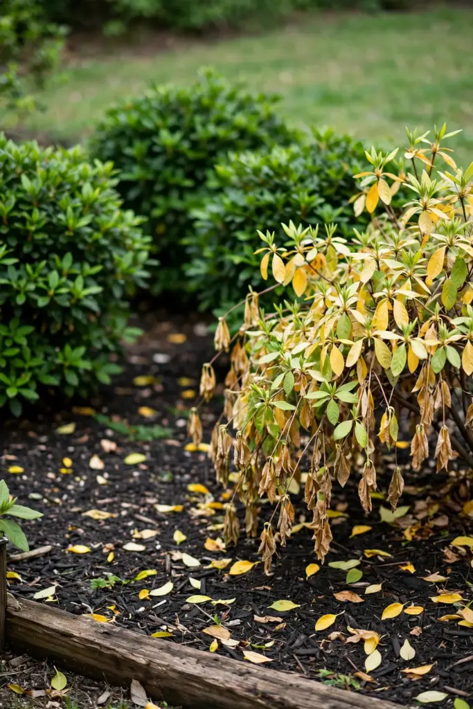 Azalea bed with one wilting shrub among healthy shrubs