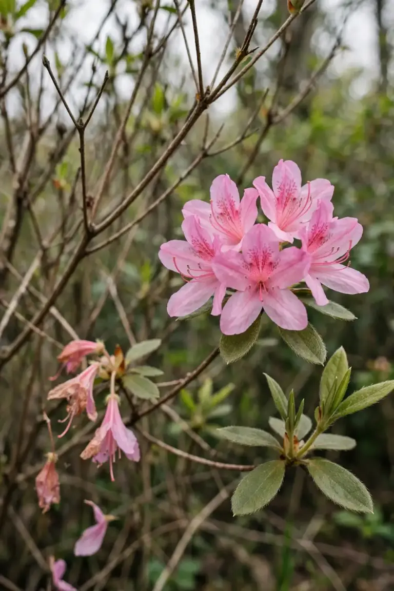Azalea cluster of open spring flowers above thin leaves