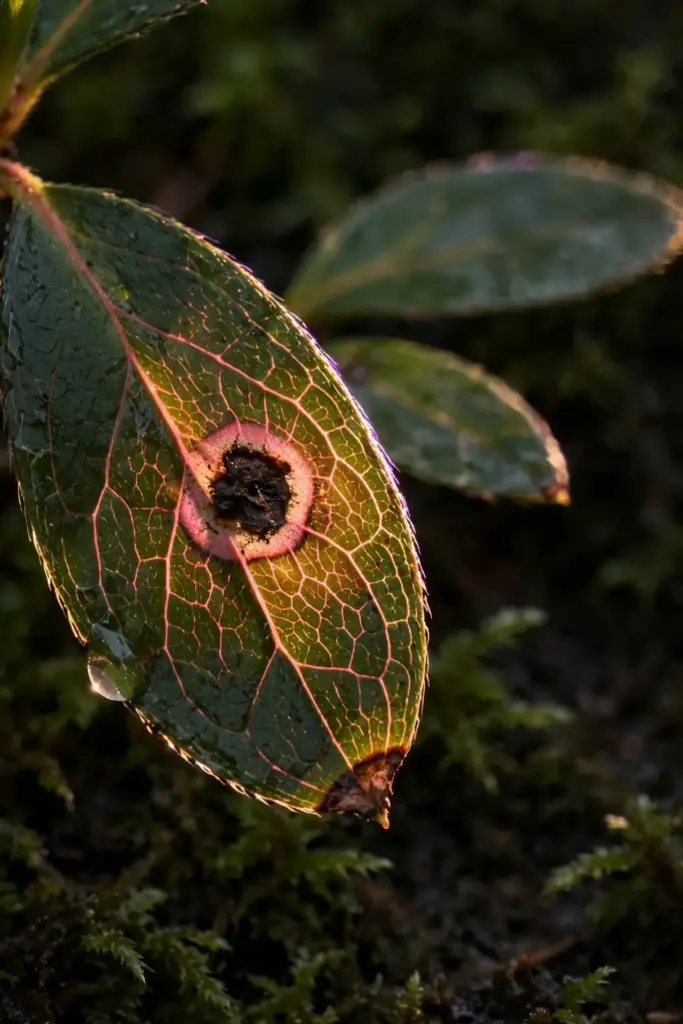 Azalea leaf with necrotic spot and pinkish zone around it