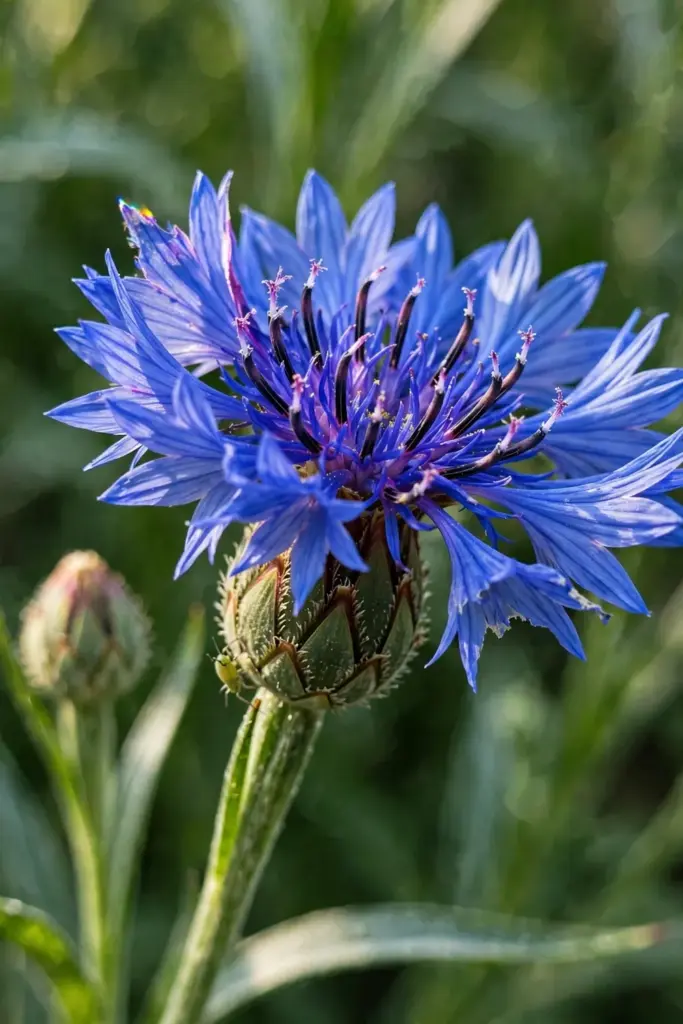 Blue bachelor's button bloom with fringed petals and pollen