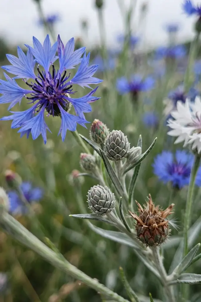 Blue cornflower blooms with thistle-like heads among buds