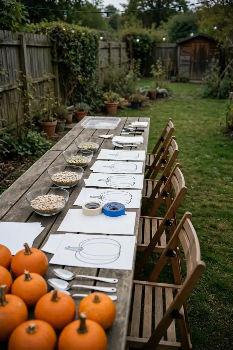 Long backyard table set with carving stations, pumpkins and bowls before a carving party
