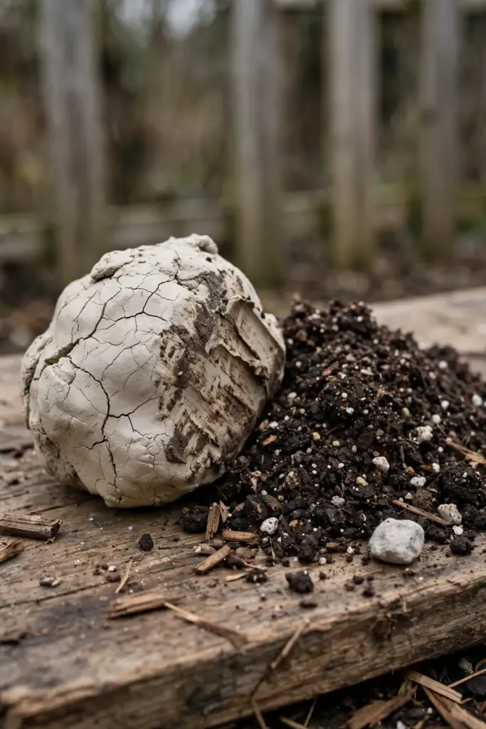 Hard pale clay clump beside crumbly dark soil mix on a timber board