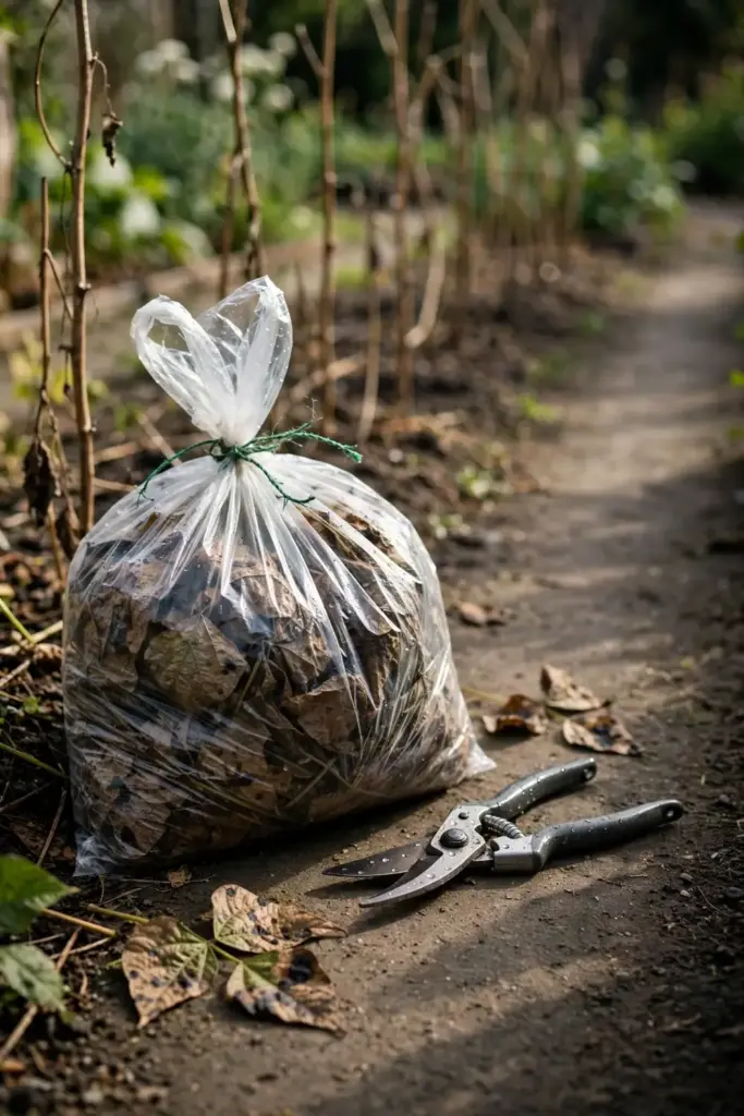 Bagged blighted bean leaves beside pruning shears on a garden path.