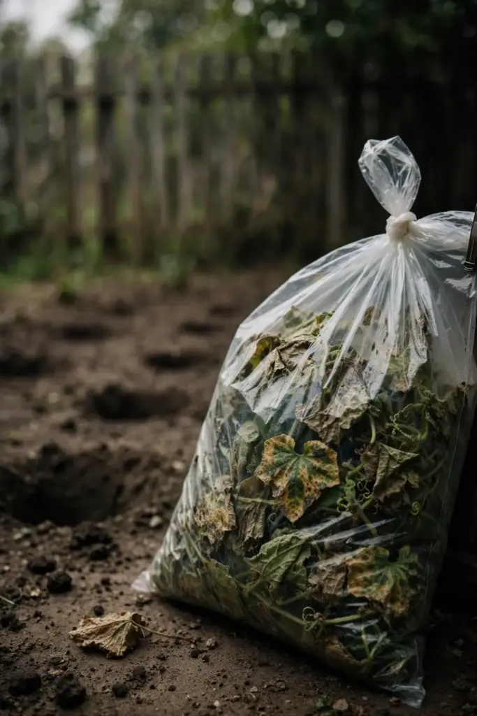 Sealed bag of pulled infected cucurbit plants beside the bed.