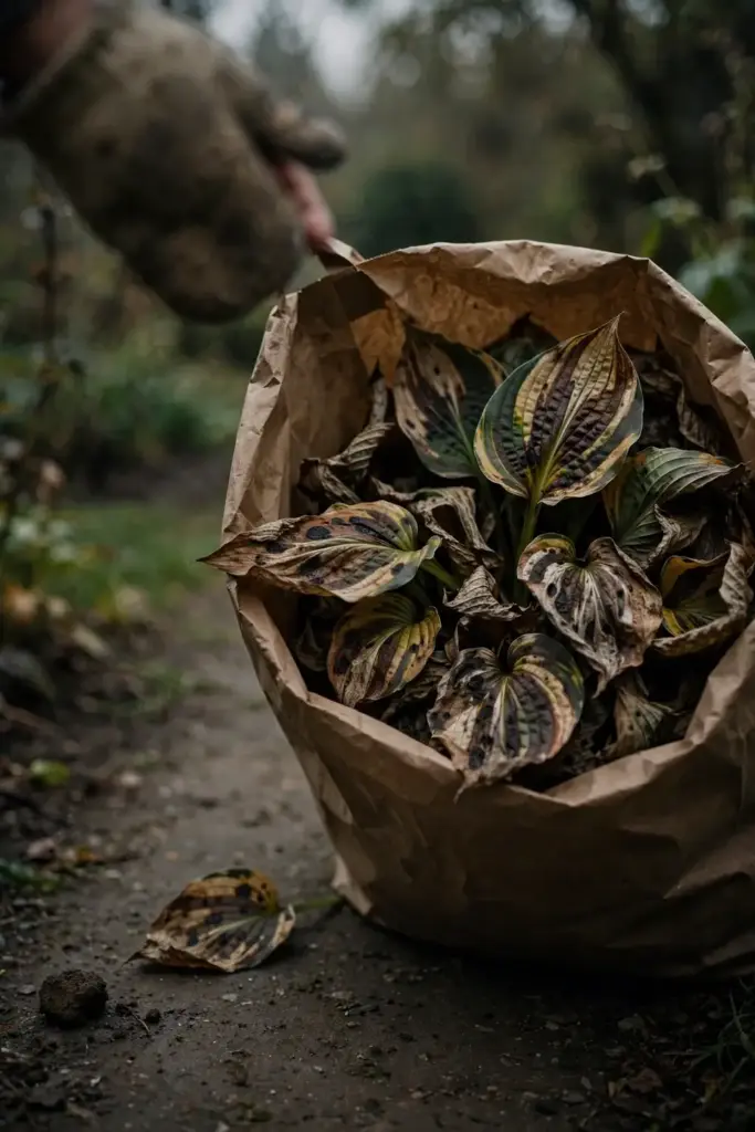Bag of removed blotchy hosta leaves ready for trash on a garden path.