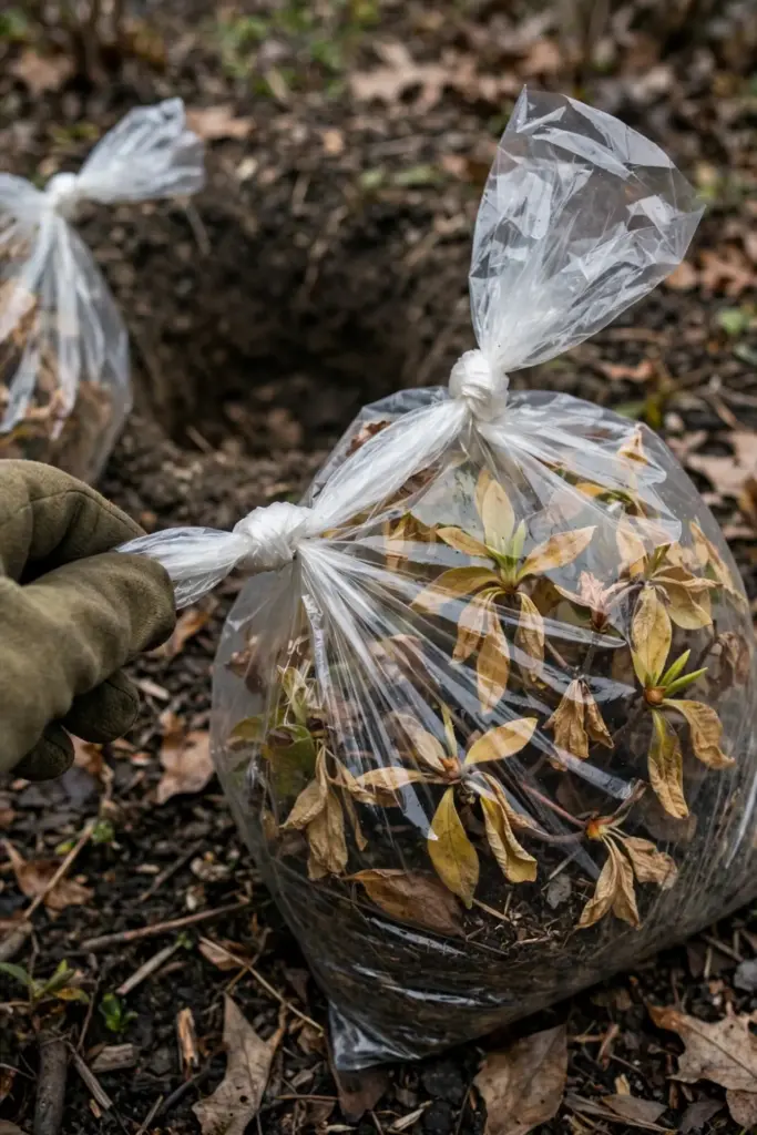 Wilted plant sealed in a plastic bag for removal from the bed