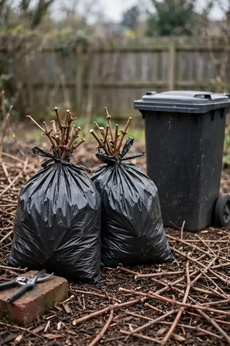 Tied bags of cut vine waste beside a wheelie bin