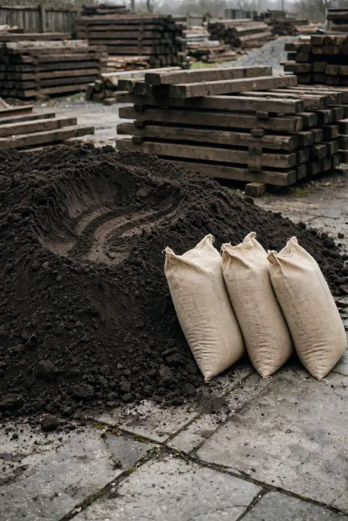 Bagged soil sacks beside a bulk pile of dark topsoil at a landscape yard