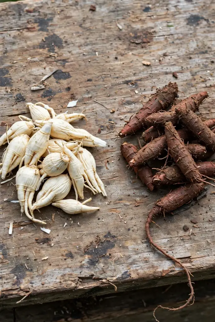 Peeled pale peony roots beside unpeeled reddish roots on a wooden board