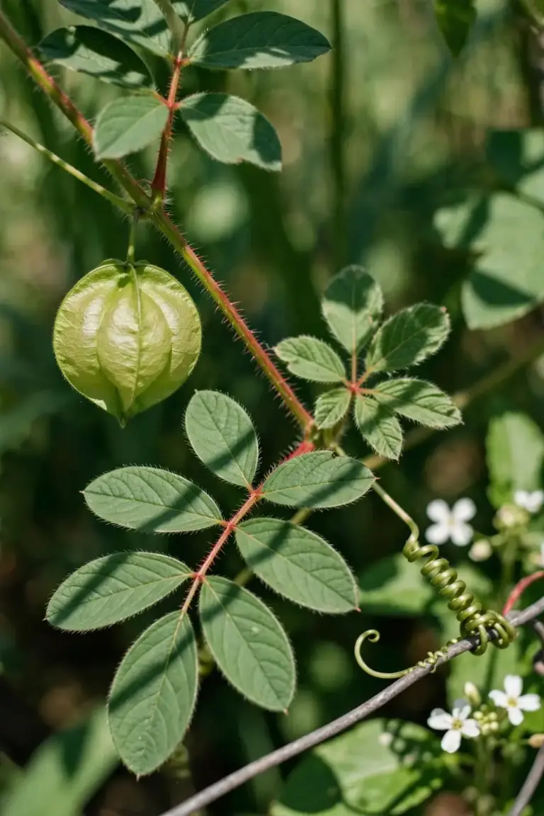 Balloon vine with nine hairy leaflets and a papery balloon fruit