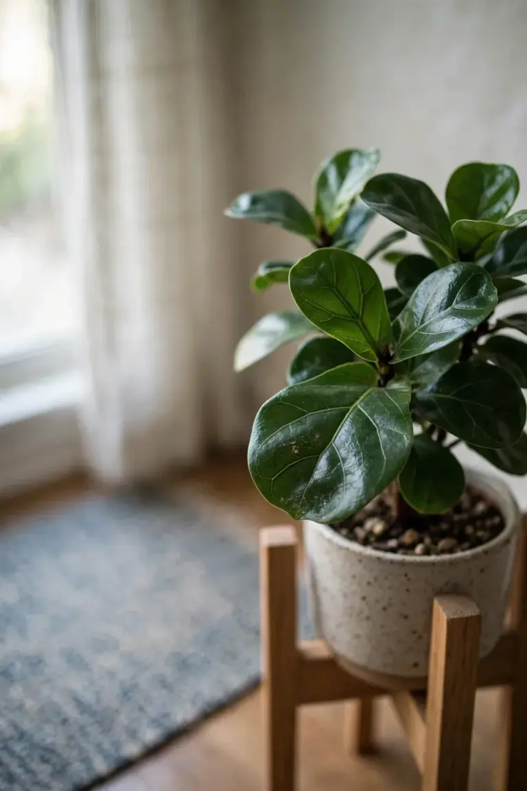 Dwarf Bambino fiddle leaf fig with small leaves on a plant stand