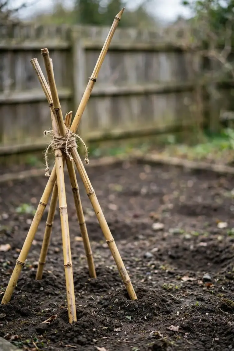 Bamboo cane tepee standing in a garden bed before planting