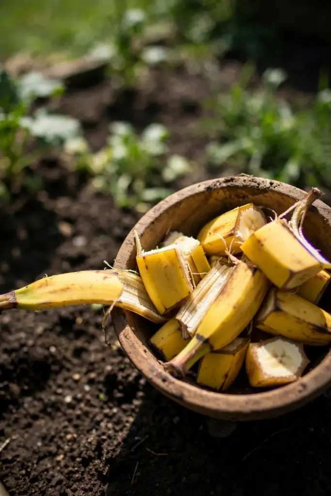 Chopped banana peels in a wooden bowl beside the bed
