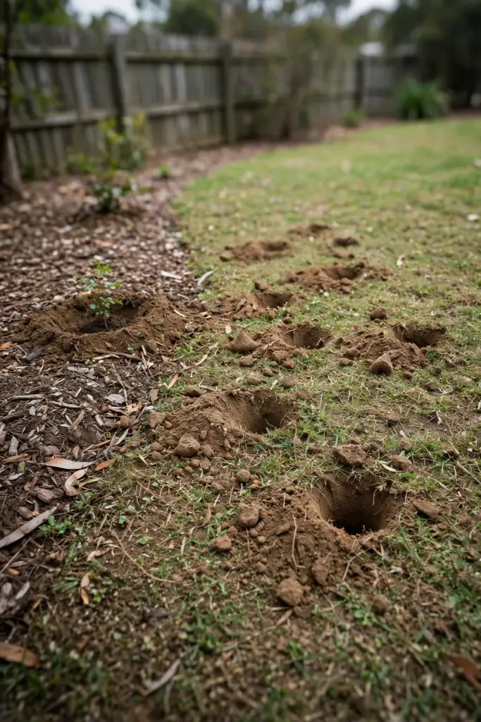 Small conical bandicoot diggings in lawn beside a garden bed