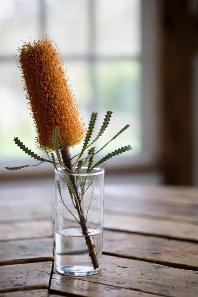 Tall orange banksia flower spike in a glass vase on a timber table