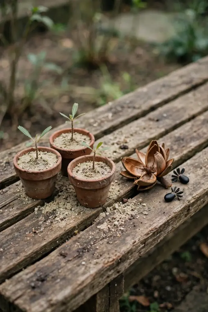 Banksia seedlings in small pots beside an open woody cone
