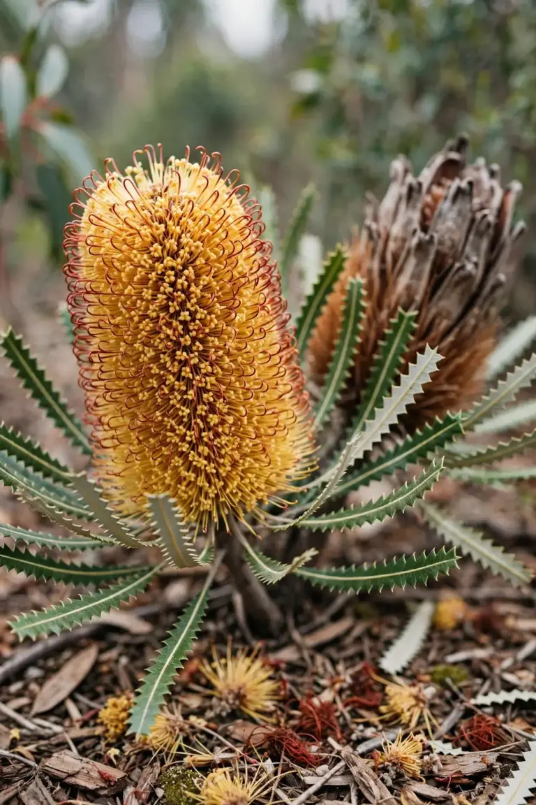 Banksia spinulosa cone spike with toothed narrow leaves