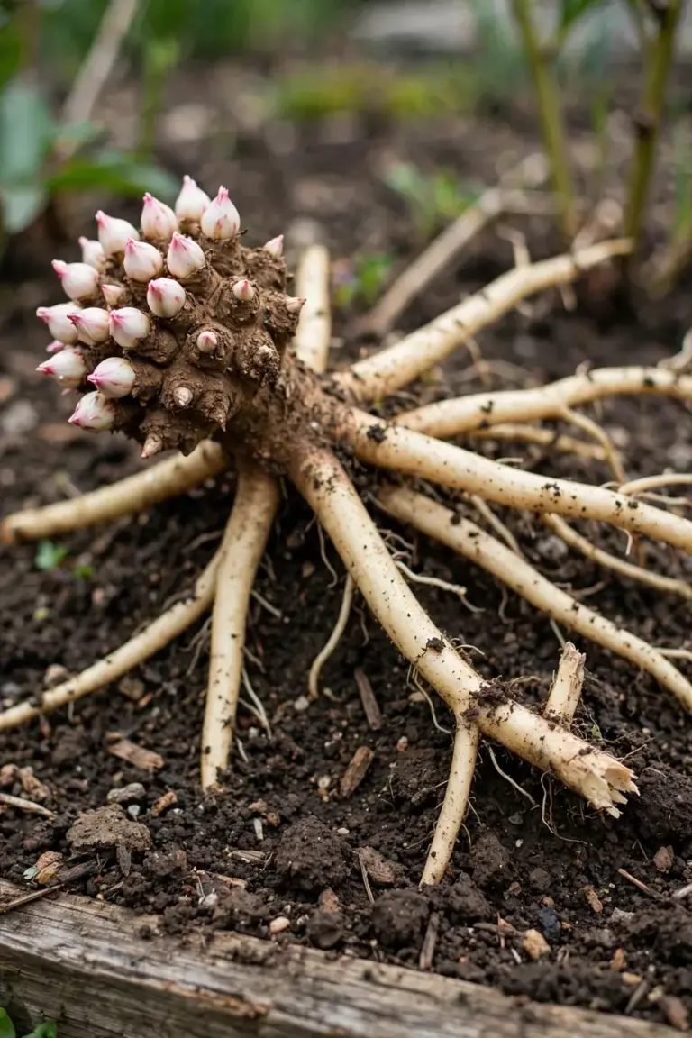 Bare-root peony crown with pink eyes resting at the soil surface before planting