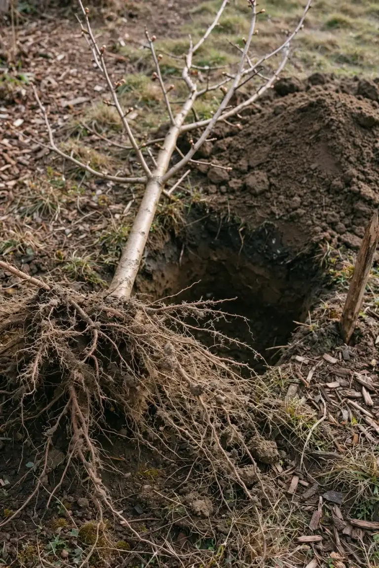 Bare-rooted apple tree with exposed roots beside a wide dug hole