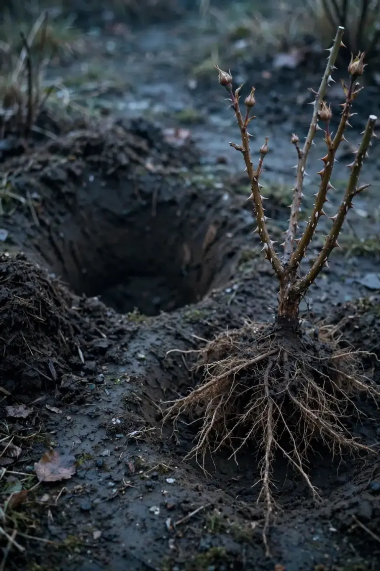 Bare-root rose with exposed roots beside a dug planting hole on a cool winter morning