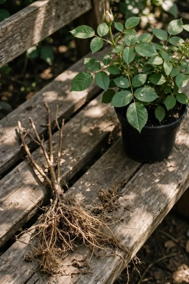 Bare-root rose with exposed roots beside a potted rose in leaf at a nursery bench