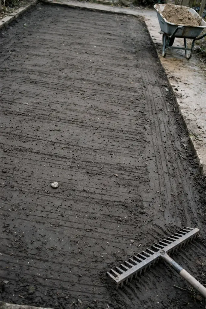 Raked bare soil bed with a rake resting at the edge and a level surface