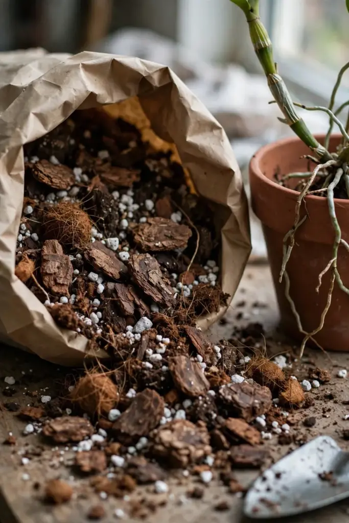 Bark chips, perlite and coco coir orchid mix beside a terracotta pot