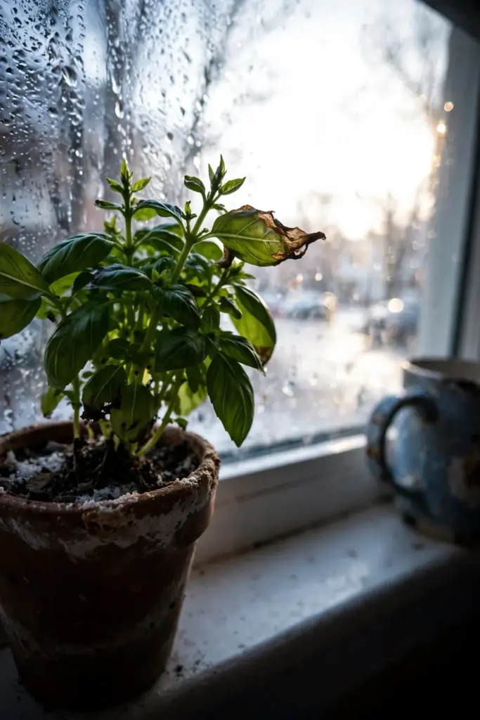 Basil in a pot on a bright windowsill with condensation on glass