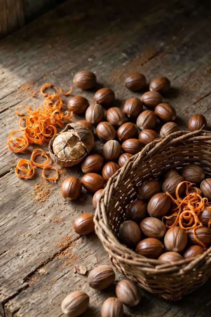 Woven basket of dried nutmeg kernels and orange mace blades